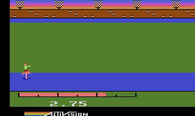 The 100 metres: the athlete running along the blue track, the clock reading 2.75.