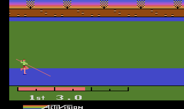 The pole vault: the athlete running with the pole.