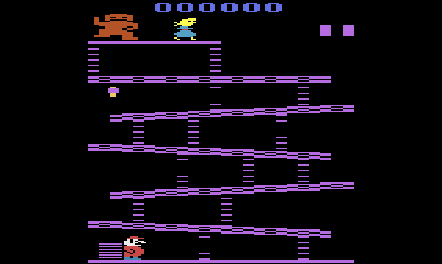 Donkey Kong's barrel screen before a game: Donkey Kong and Pauline at the top, six purple girders joined by ladders, the hammer on the left, Mario at the bottom left, and the score 000000 in blue.