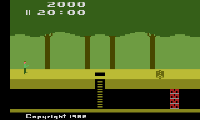 The first scene of Pitfall!: Harry at the left of the jungle, a hole with a ladder down to the tunnel, a log, a brick wall underground, the score 2000 and the clock at 20:00.