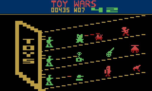 Toy Wars: the toy box on the left, three slanted shelves with green toys in their slots, and red monsters walking in from the right. The status line shows the score, batteries and wave.